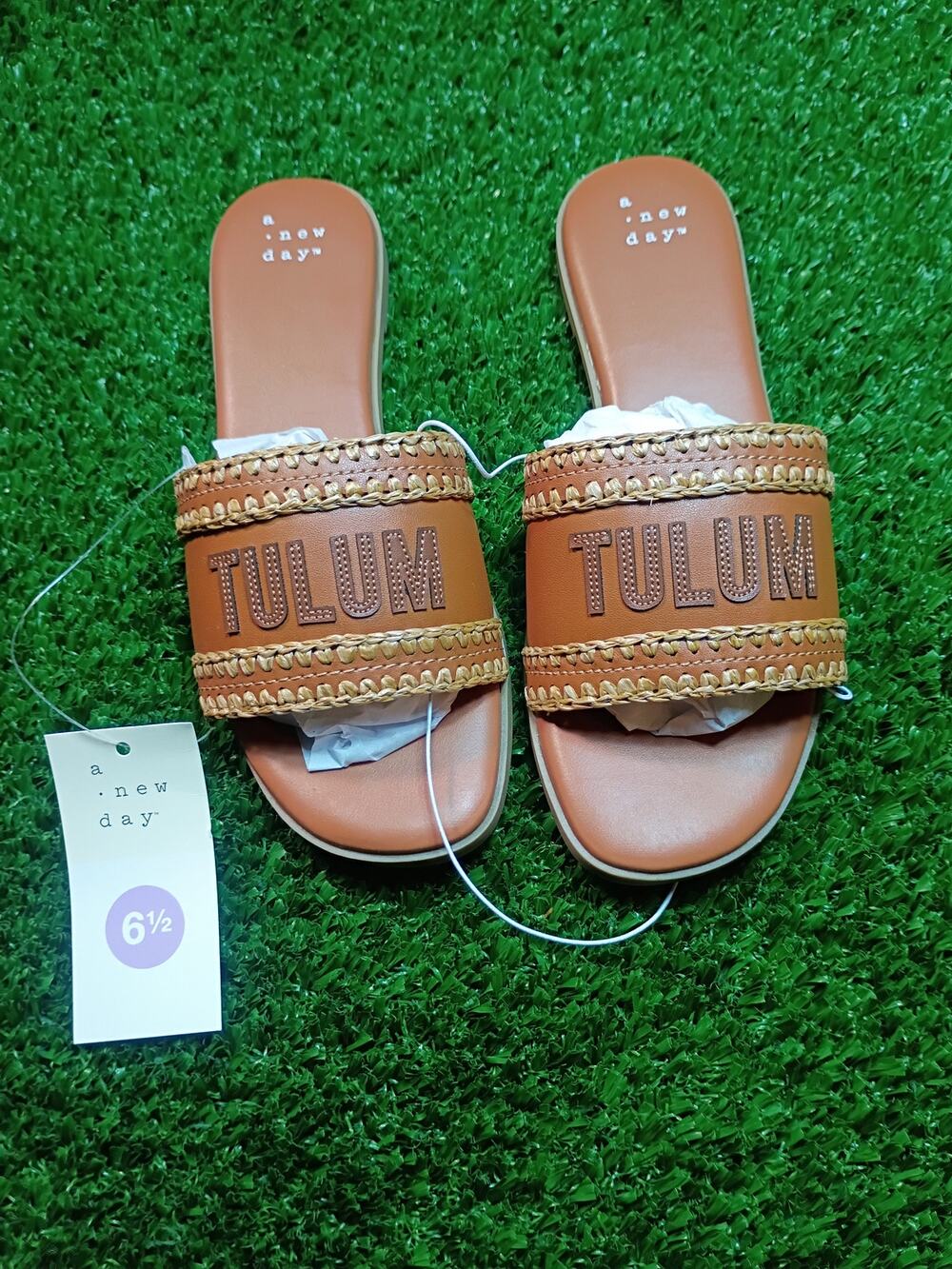 A New Day 'Tulum' Cognac Brown Woven Slide Sandals 6.5 - Picture 1 of 7